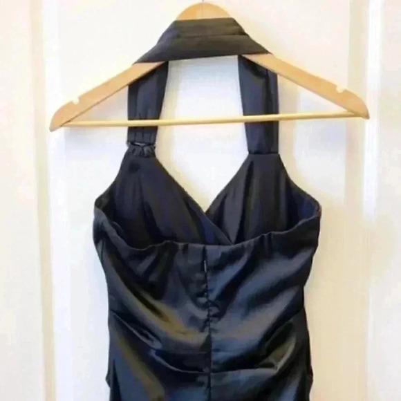 Le Chateau Cocktail Evening Dress Black Satin Halter Neck Bodycon Ruched Small - Picture 8 of 16